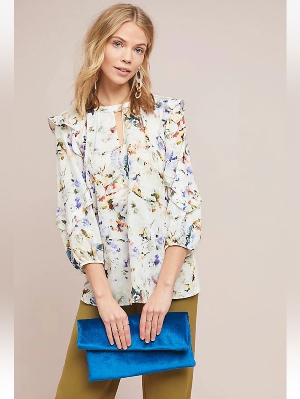 Anthropologie Dolan Araminta Cream Floral Ruffle Keyhole Blouse Small